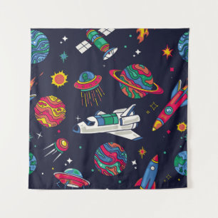 Spaceship in Galaxy seamless pattern. Background w Tapestry