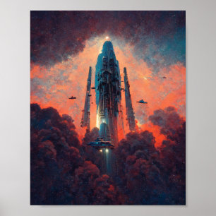 Spaceship Liftoff Sci-Fi Art Poster