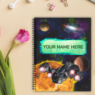 Spaceship, outer space, sun, planets, galaxy notebook