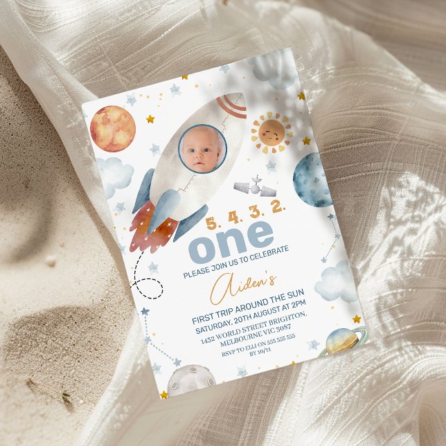 Spaceship Photo First Trip Around the Sun Birthday Invitation (First Trip Around the Sun Birthday Invitation For Baby Boy, Outer Space 1st Birthday Spaceship)