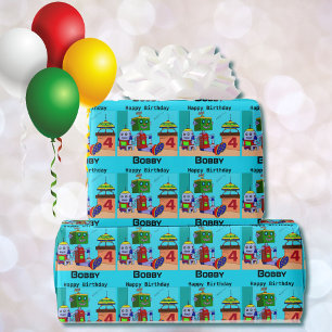 Spaceship Robots Birthday Boy's Personalise Name Wrapping Paper