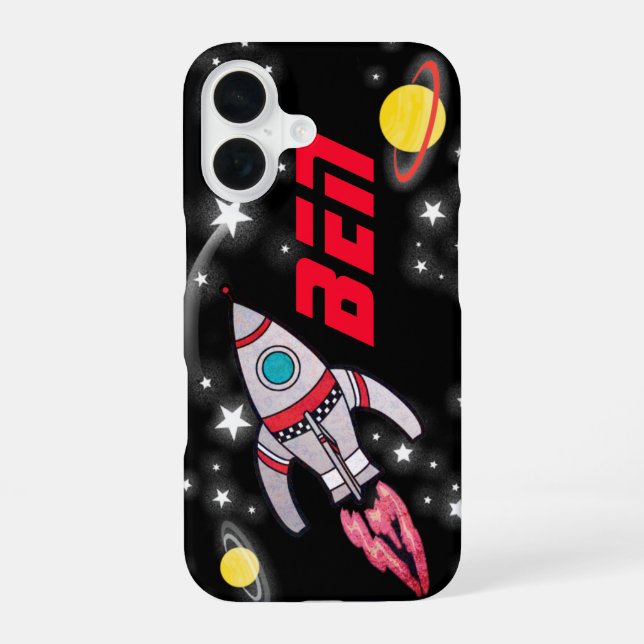 Spaceship rocket black and red kids iPhone 16 case (Back)