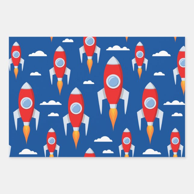 Spaceship Rocket Fun Wrapping Paper Sheet (Front 3)