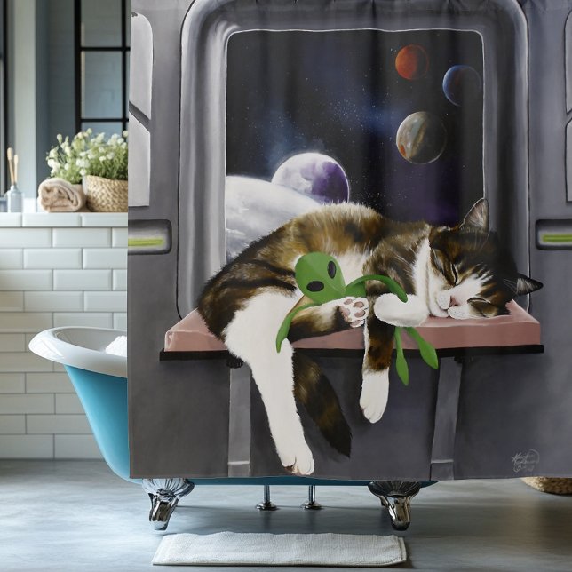 Spaceship Tabby Cat Green Alien Stuffie Sci-Fi Shower Curtain (Creator Uploaded)