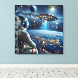 Spaceships and an Astronaut in Outer Space Canvas Print