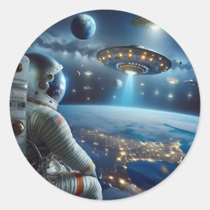 Spaceships and an Astronaut in Outer Space Classic Round Sticker