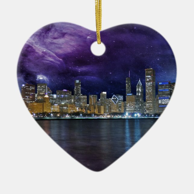 Spacey Chicago Skyline Ceramic Tree Decoration (Front)
