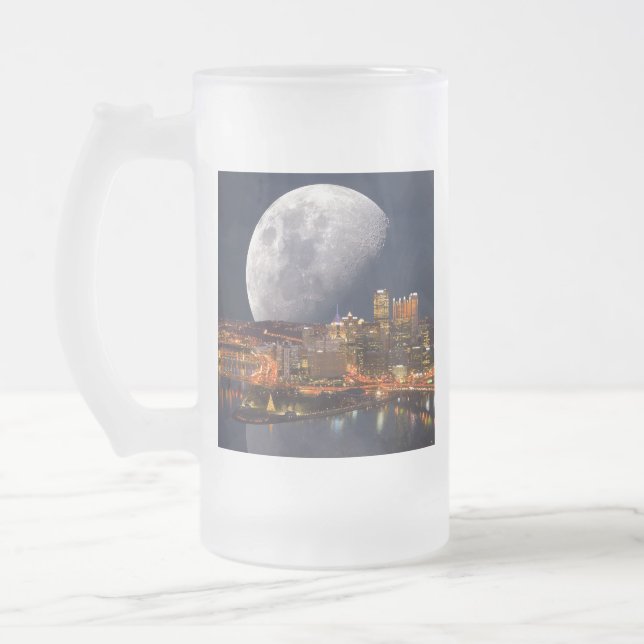 Spacey Pittsburgh Frosted Glass Beer Mug (Left)