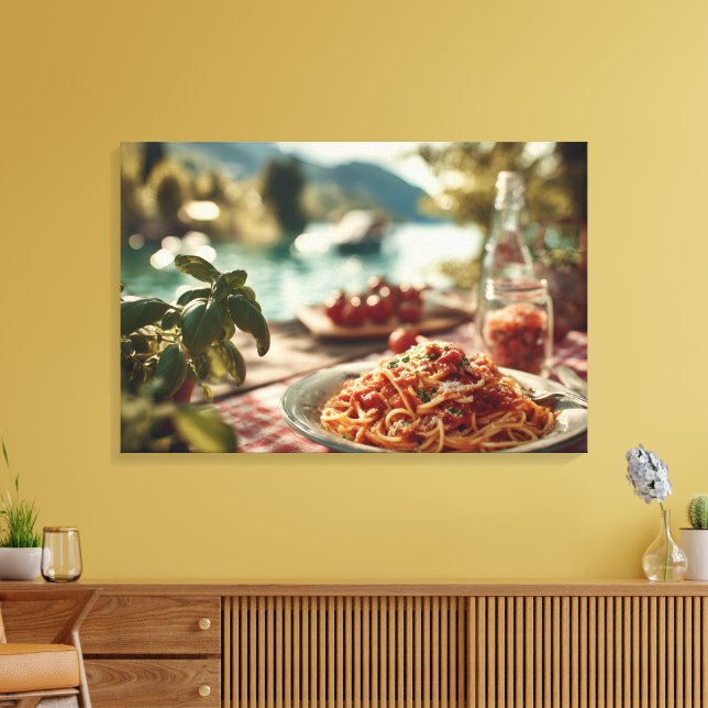 Spaghetti al Pomodoro on Lakeside Picnic Table Canvas Print (Insitu(LivingRoom))