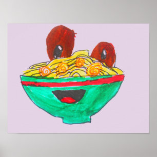 Spaghetti and meatballs funny cartoon art poster