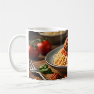 Spaghetti and meatballs on plate coffee mug