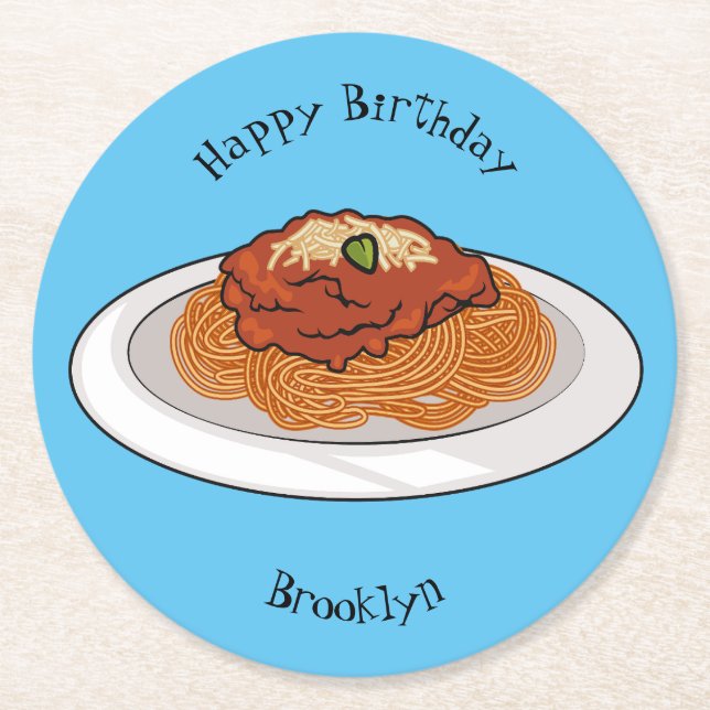  Spaghetti cartoon illustration Round Paper Coaster (Front)