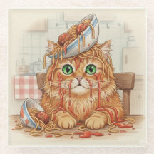 Spaghetti Kitty, Orange, Glass Coaster