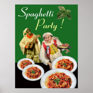 SPAGHETTI PARTY Italian Chef and Pulcinella Green Poster