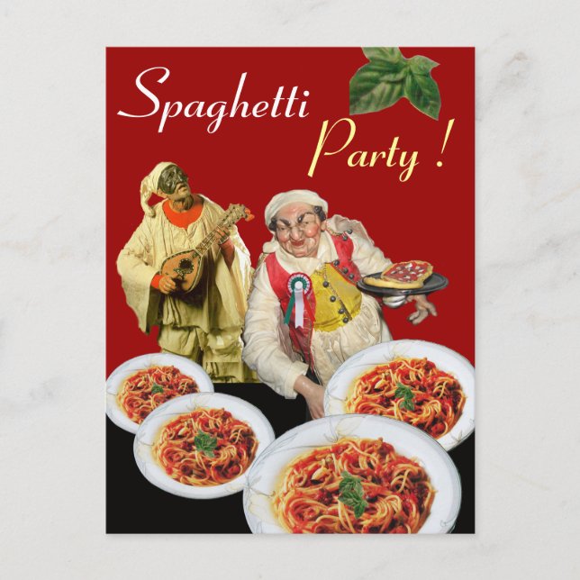 SPAGHETTI PARTY,Italian Kitchen Chef Recipe Red Postcard (Front)