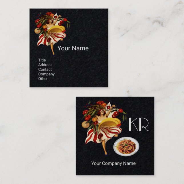 SPAGHETTI PARTY TALIAN KITCHEN TOMATOES Black Square Business Card (Front/Back)