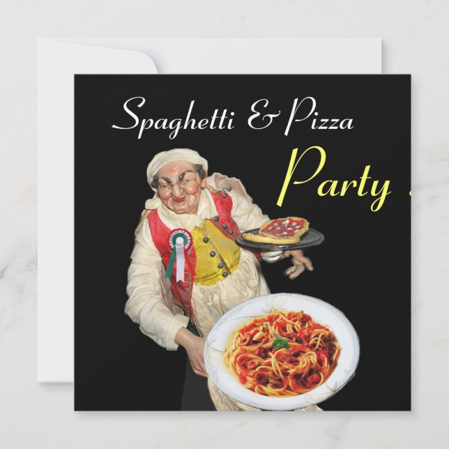 SPAGHETTI & PIZZA PARTY,ITALIAN KITCHEN red black Invitation (Front)