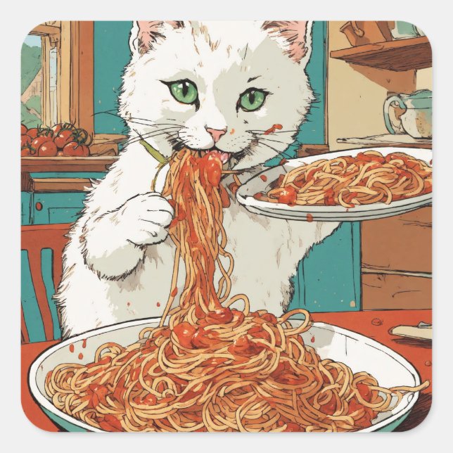 "Spaghetti Supper with Snowball: A White Cat Square Sticker (Front)
