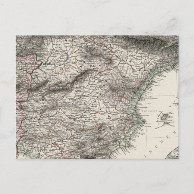 Spain and Portugal Map by Stieler Postcard (Front)