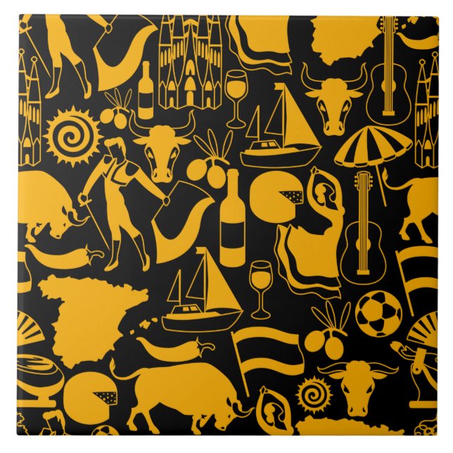 Spain and Spanish Traditions Black and Orange Tile (Front)