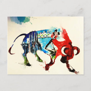 Spain Bull Vintage Travel Love Watercolor Holiday Postcard