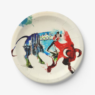 Spain Bull Vintage Travel Love Watercolor Paper Plate