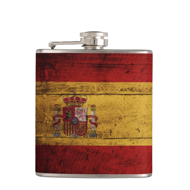 Spain Flag on Old Wood Grain Hip Flask (Front)