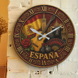Spain Flag Spanish Bull Guitar Flamenco Vintage  Large Clock