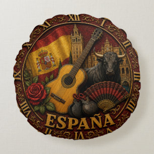 Spain Flag Spanish Bull Guitar Flamenco Vintage Round Cushion
