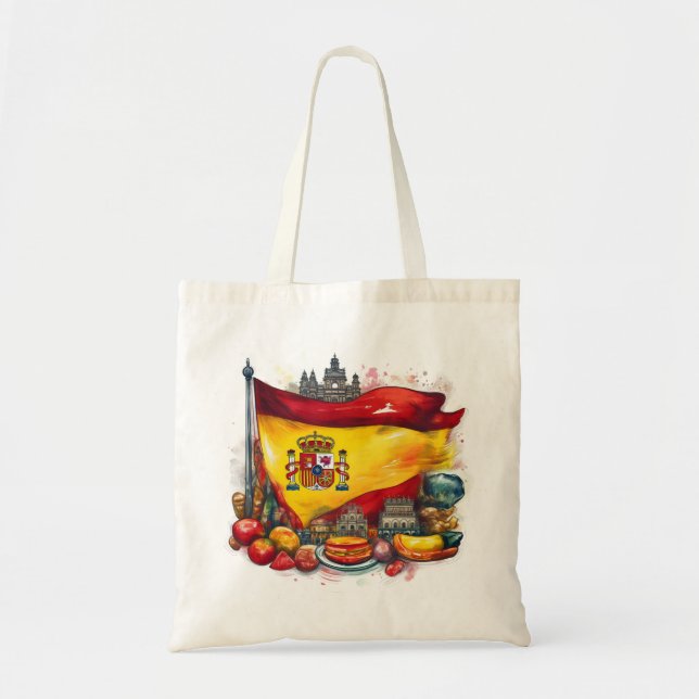 Spain Flag with Famous Landmarks Tote Bag (Front)