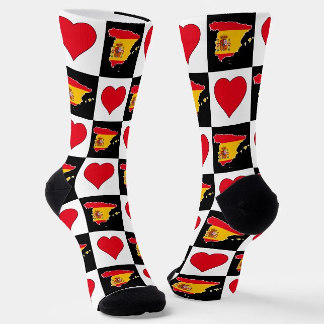 Spain Heart Pattern Spanish National Flag Map Socks (Angled)