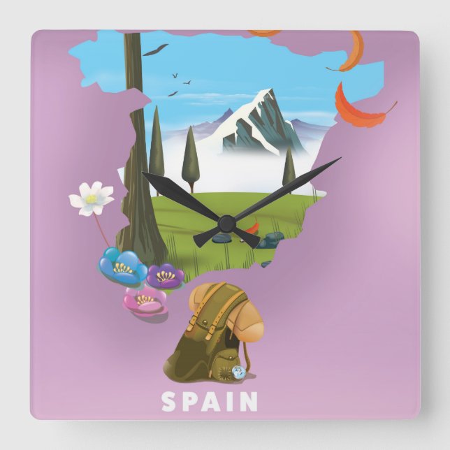 Spain Illustrated map travel poster Square Wall Clock (Front)