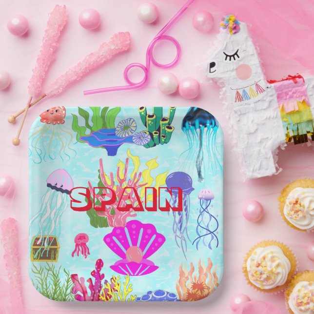 Spain Jellyfish Colourful Underwater Modern Paper Plate (Party)