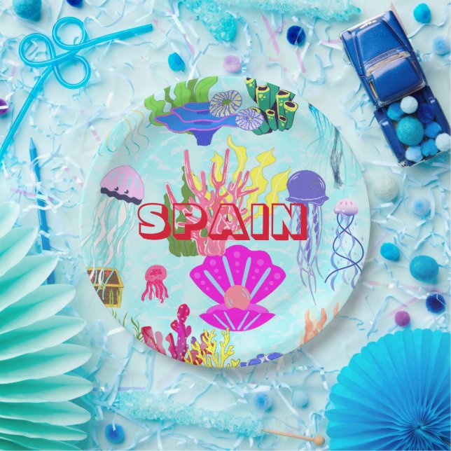 Spain Jellyfish Colourful Underwater  Paper Plate (Party)