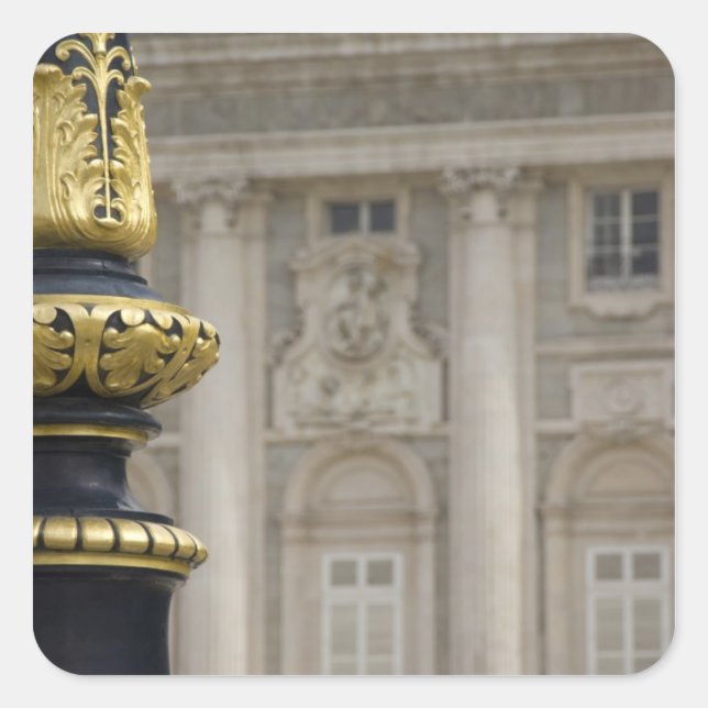 Spain, Madrid. Royal Palace, ornate gilded lamp Square Sticker (Front)