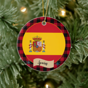 Spain, Red buffalo plaid & Spanish Flag Ceramic Tree Decoration