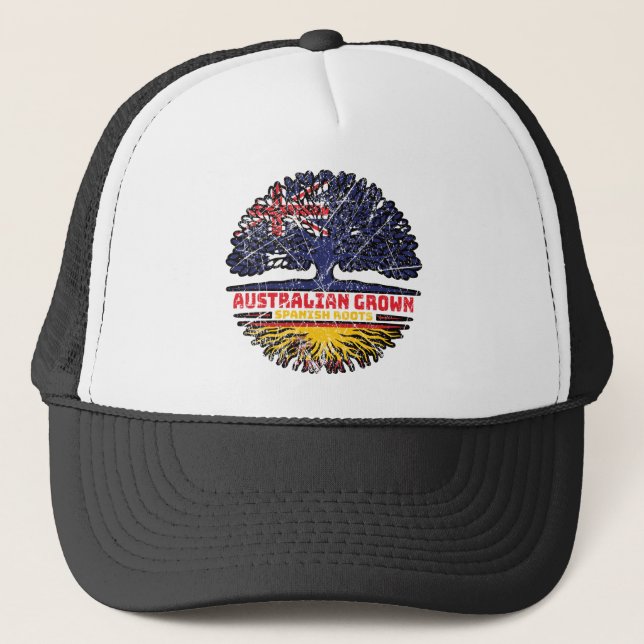 Spain Spanish Australian Australia Tree Roots Flag Trucker Hat (Front)
