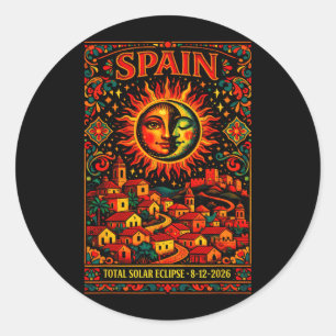 Spain Total Solar Totality Eclipse 2026 Folk Art Classic Round Sticker