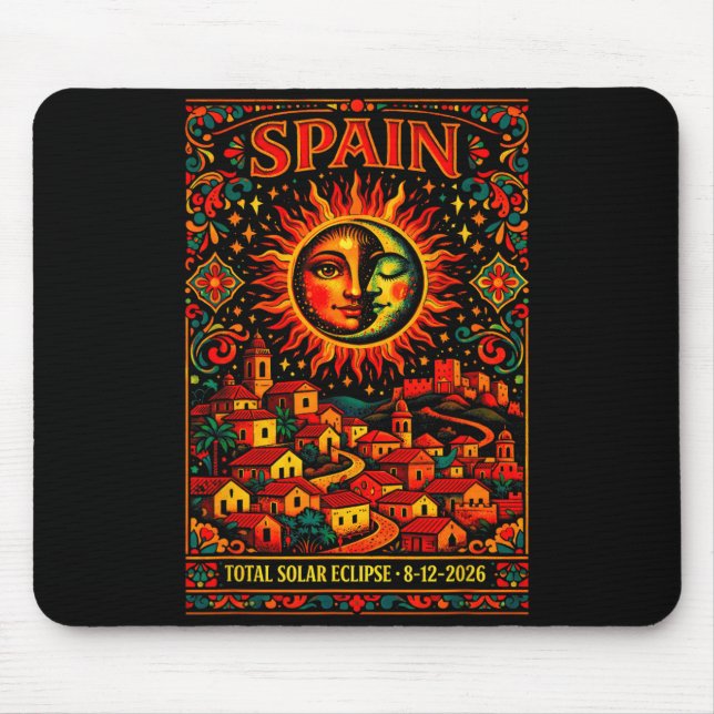 Spain Total Solar Totality Eclipse 2026 Folk Art Mouse Mat (Front)