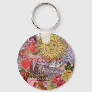 Spain Vintage Trendy Spanish Travel Collage Key Ring