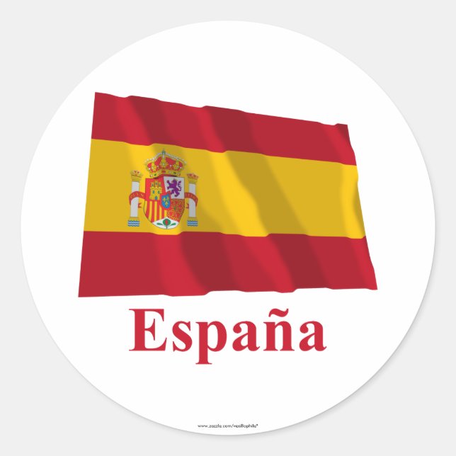 Spain Waving Flag with Name in Spanish Classic Round Sticker (Front)