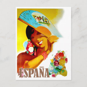 Spain, woman behind fan, vintage travel postcard