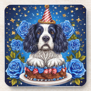 Spaniel Dog Celebrating Birthday 🎉🐶🎂🍹🎁 Coaster