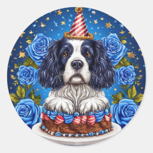 Spaniel Dog Celebrating Birthday With Festive Hat Classic Round Sticker