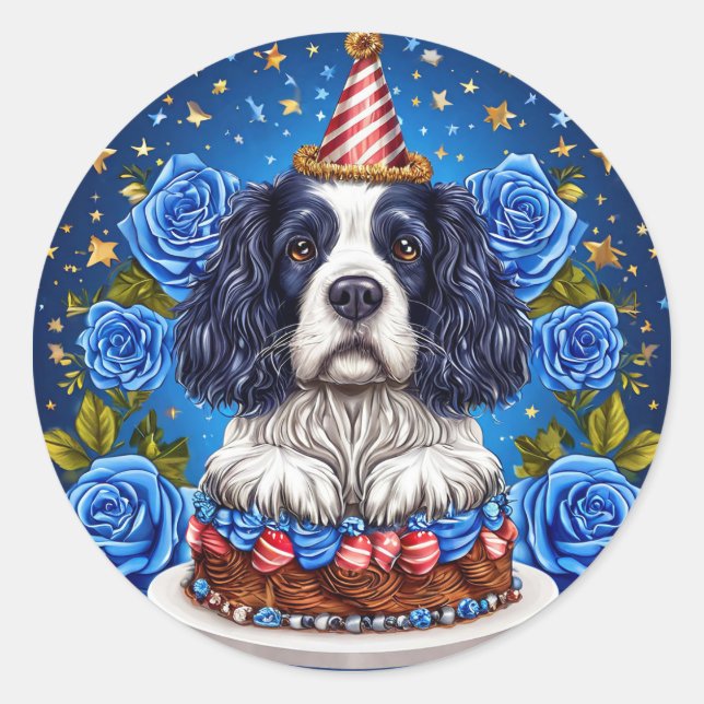 Spaniel Dog Celebrating Birthday With Festive Hat Classic Round Sticker (Front)