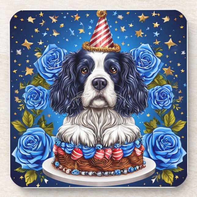 Spaniel Dog Celebrating Birthday With Festive Hat Coaster (Front)