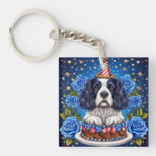 Spaniel Dog Celebrating Birthday With Festive Hat Key Ring
