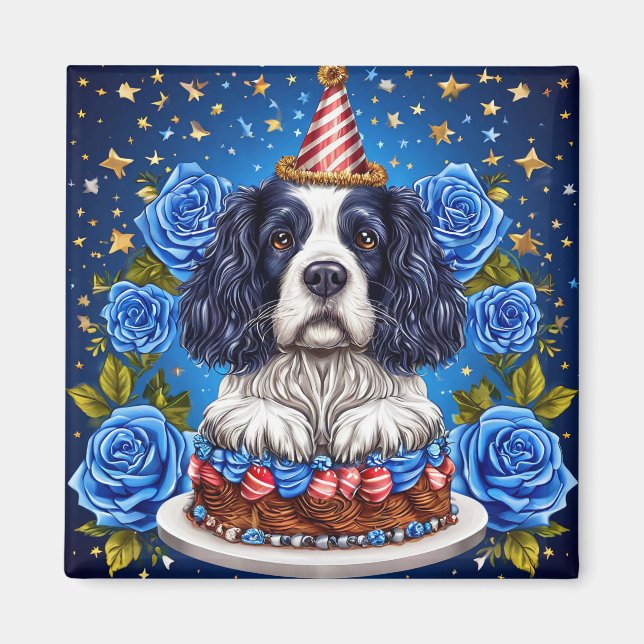 Spaniel Dog Celebrating Birthday With Festive Hat Magnet (Front)