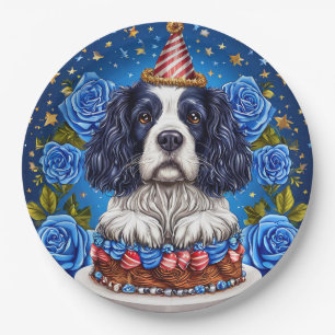Spaniel Dog Celebrating Birthday With Festive Hat Paper Plate