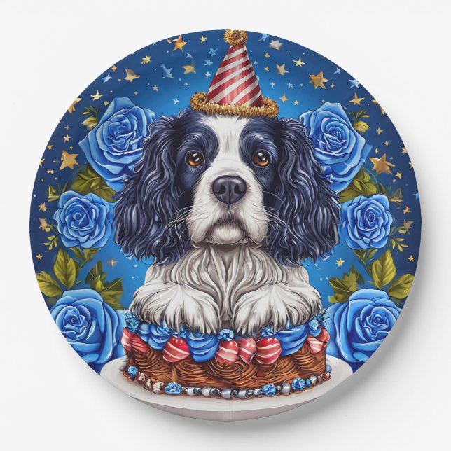 Spaniel Dog Celebrating Birthday With Festive Hat Paper Plate (Front)